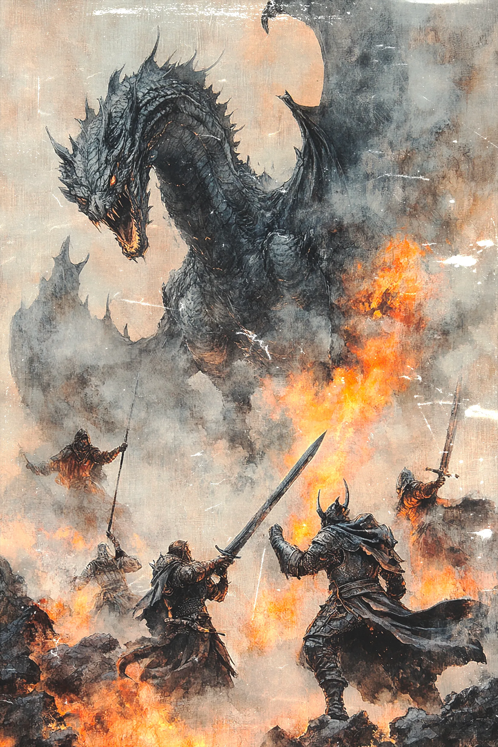 Trois chevaliers, l'épée levée au milieu des flammes, font face à un dragon noir surgissant de la fumée.